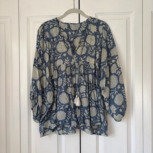 Floral Blue and Cream Indian Block Print Cotton Gauze Blouse